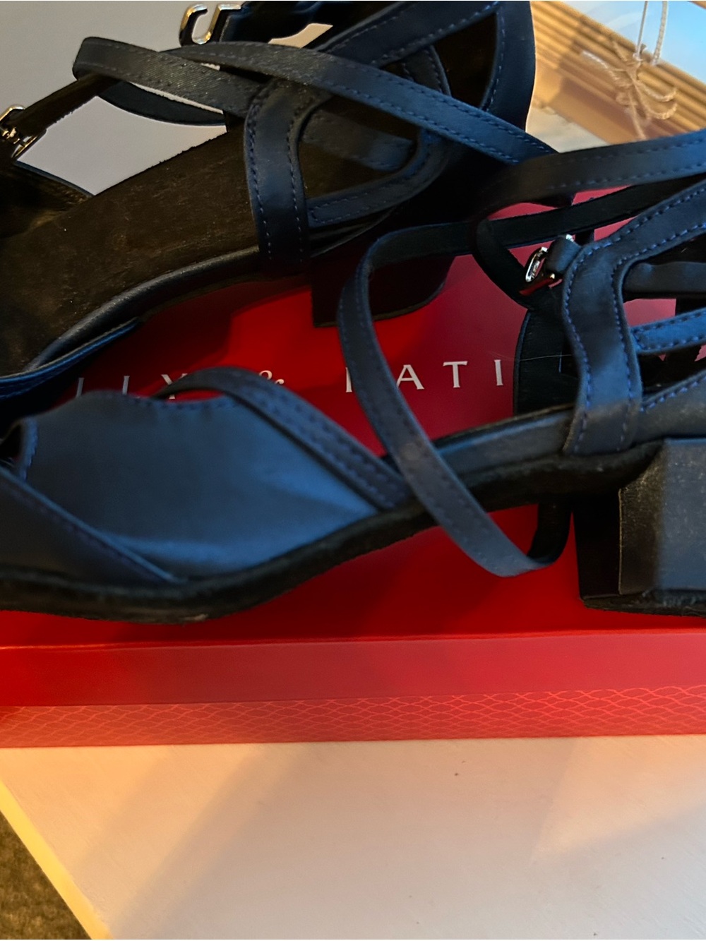 Ballroom Dance Shoes - Women's Navy Strappy Wedge Heels - Picture 3 of 4